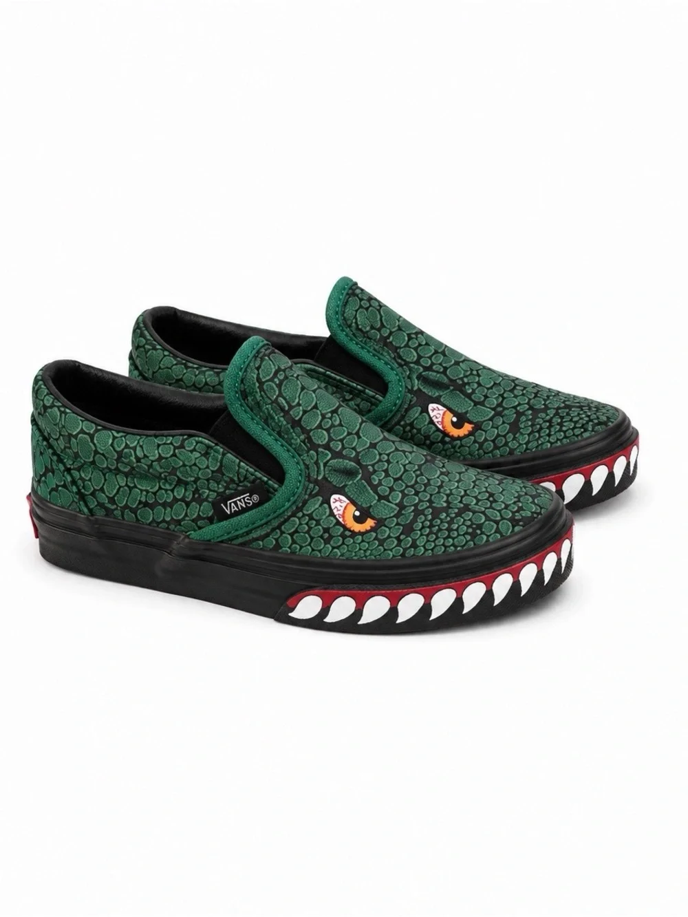 Vans Kids Slip-On Sneakers — Green Scale Dinosaur Design
